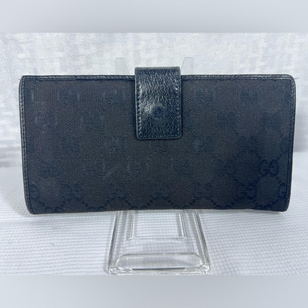 1023: Gucci GG Black Canvas Continental Wallet Leather Trim - Picture 2 of 10